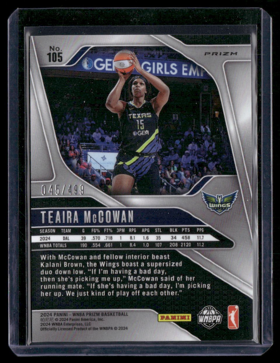 2024 Panini Prizm WNBA #105 Teaira McCowan Pulsar Prizms #/499