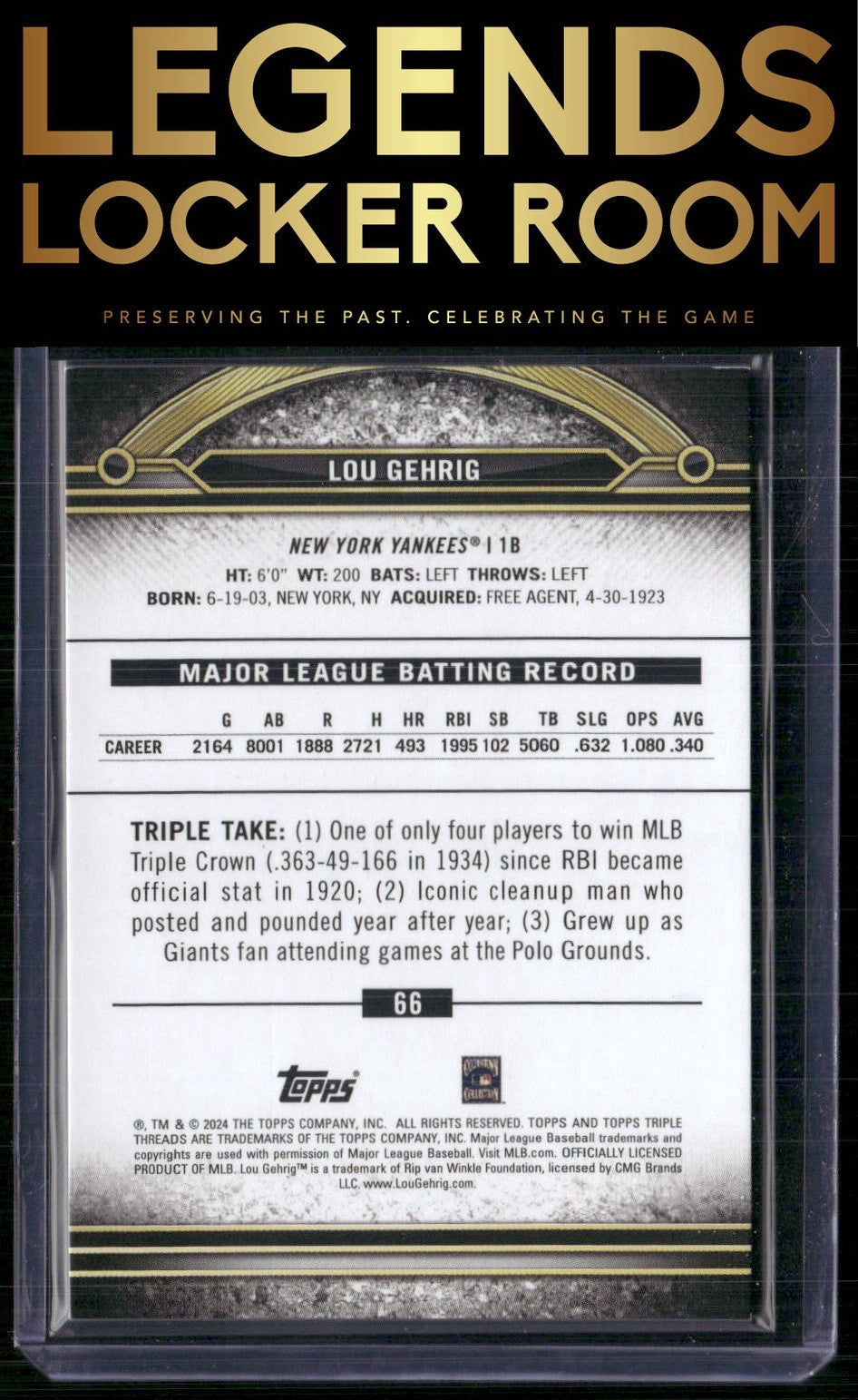 2024 Topps Triple Threads #66 Lou Gehrig Amber #/199