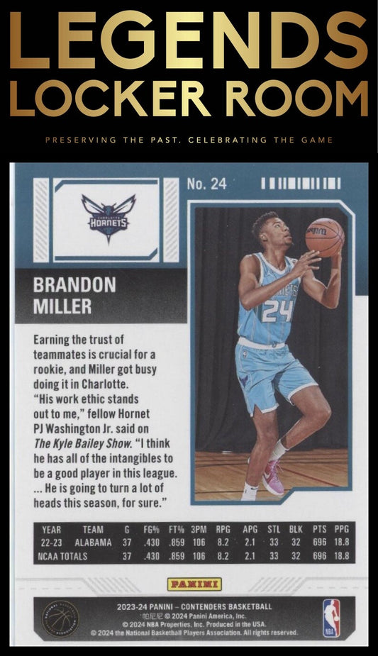 2023-24 Panini Contenders #24 Brandon Miller Season Ticket Retail