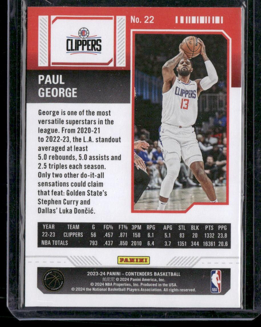 2023-24 Panini Contenders #22 Paul George Season Ticket Retail