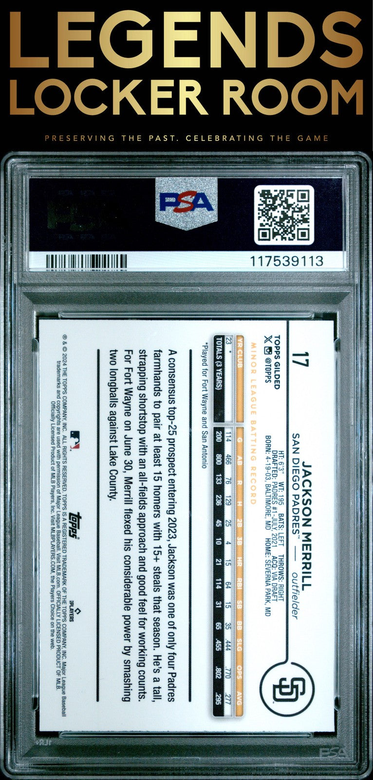 2024 Topps Gilded Collection #17 Jackson Merrill Gold Wave PSA 10
