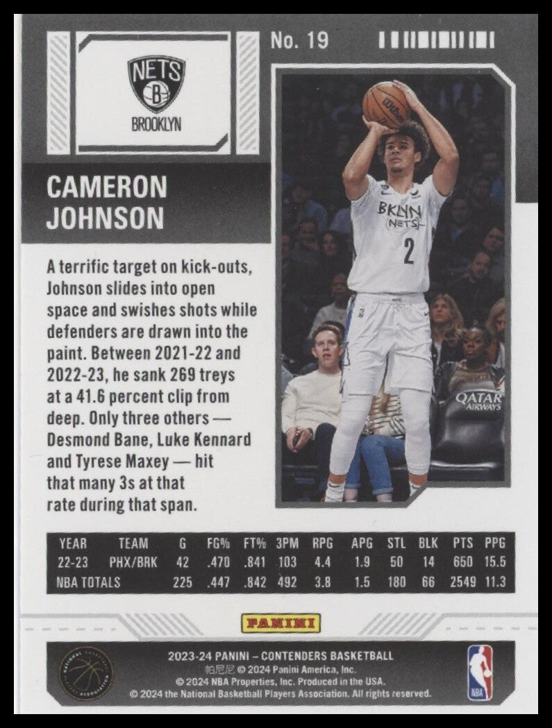 2023-24 Panini Contenders #19 Cameron Johnson Season Ticket Premium Edition