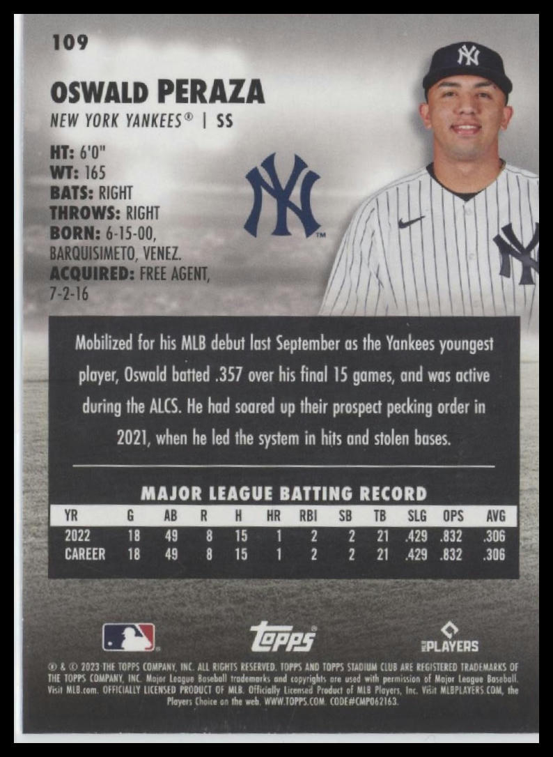 2023 Stadium Club #109 Oswald Peraza