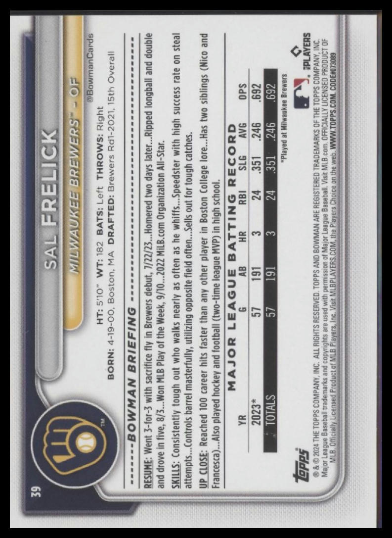 2024 Bowman #39 Sal Frelick