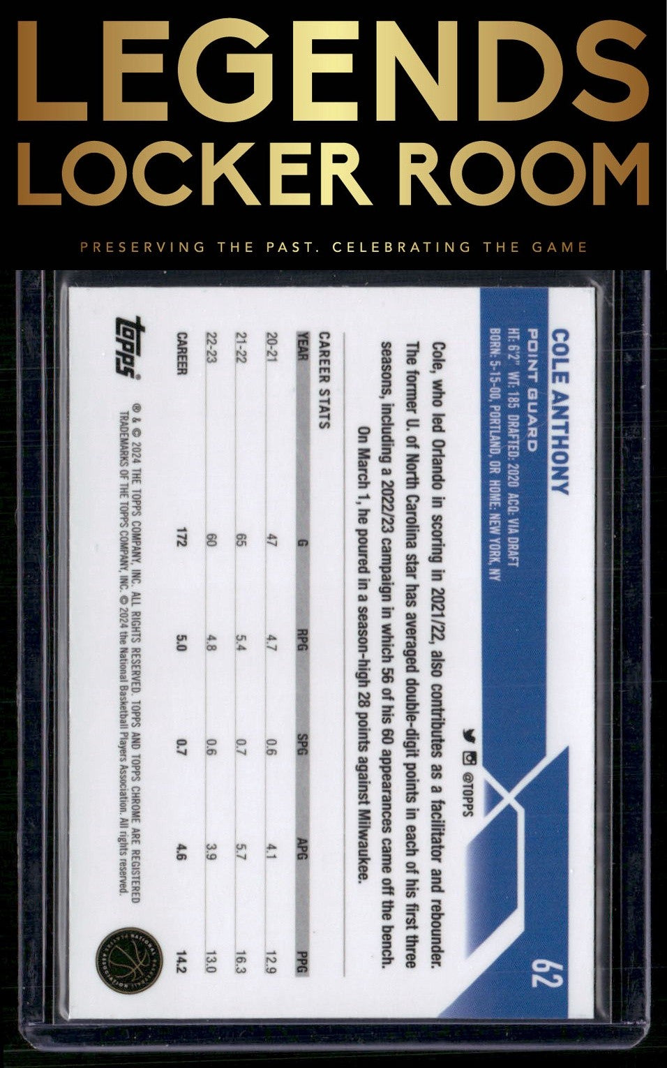 2023-24 Topps Chrome Sapphire Edition #62 Cole Anthony