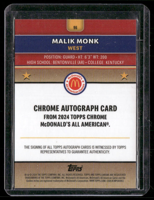 2024 Topps Chrome McDonald's All-American Malik Monk Action Shots Auto Refractor