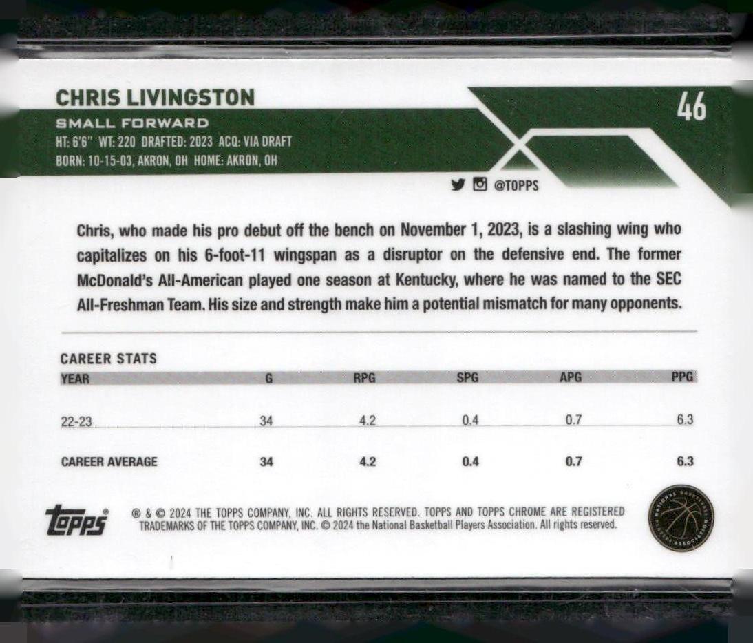 2023-24 Topps Chrome #46 Chris Livingston Negative Refractors
