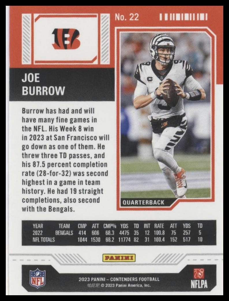 2023 Panini Contenders #22 Joe Burrow Game Ticket