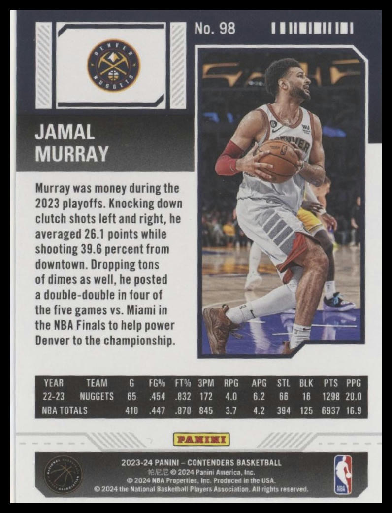 2023-24 Panini Contenders #98 Jamal Murray Season Ticket Premium Edition