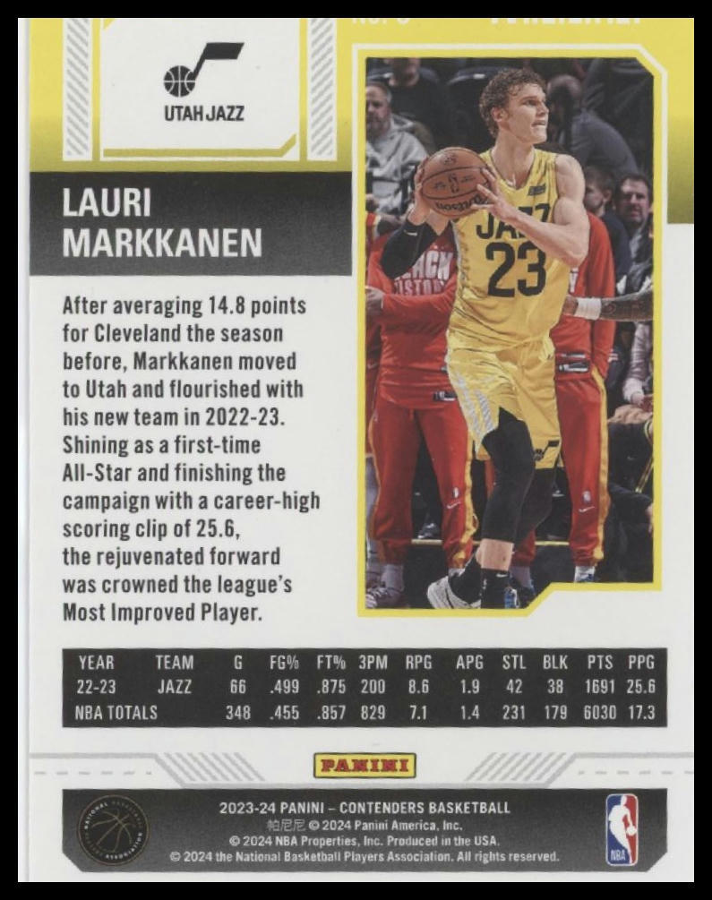2023-24 Panini Contenders #3 Lauri Markkanen Season Ticket Premium Edition