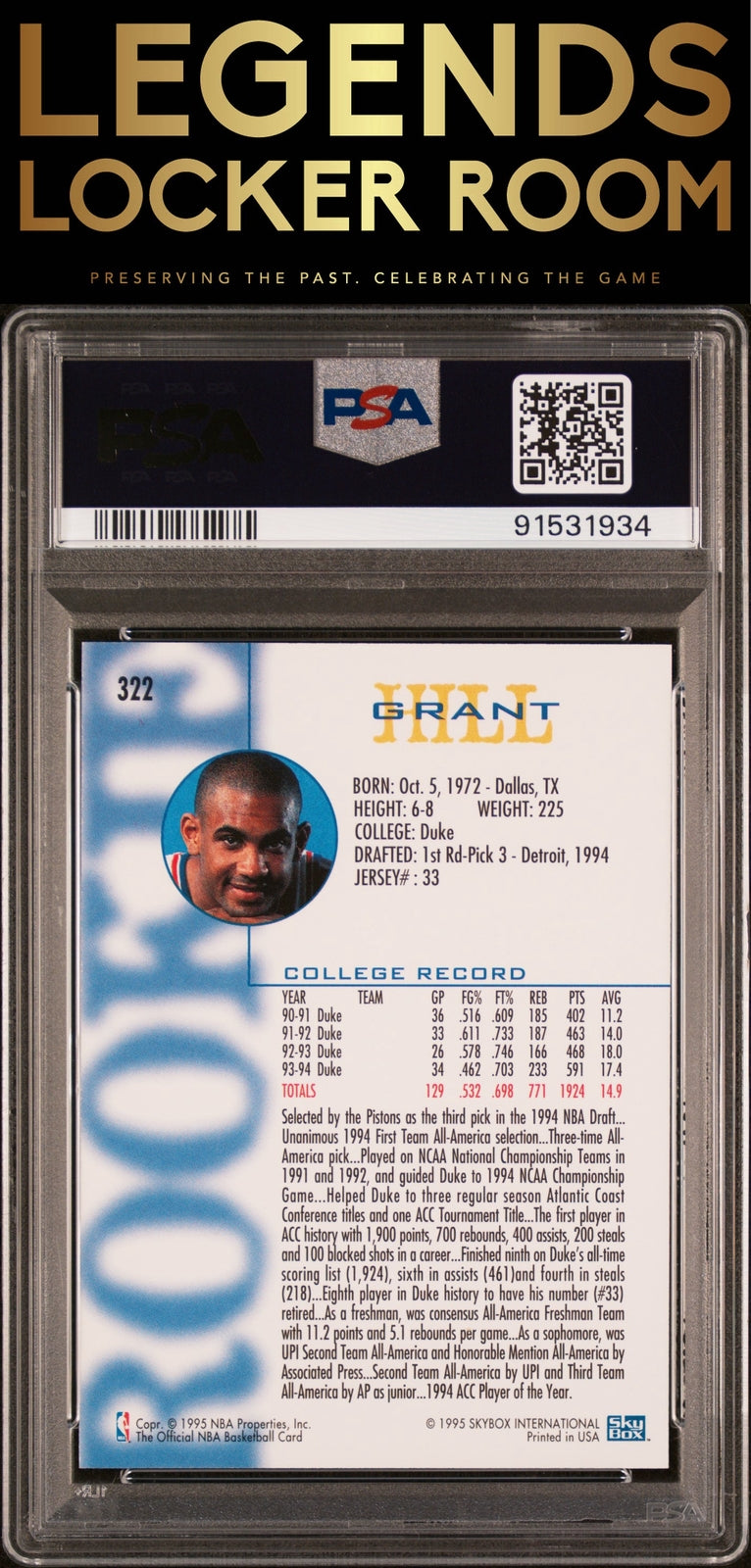 1994 Hoops #322 Grant Hill PSA 8