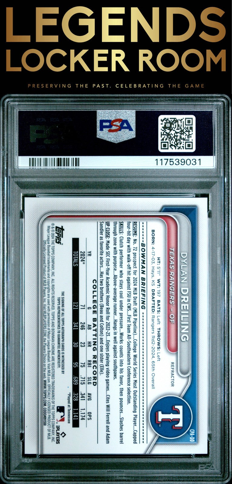 2024 Bowman Draft Chrome Prospect Auto Dylan Dreiling Refractor PSA 10