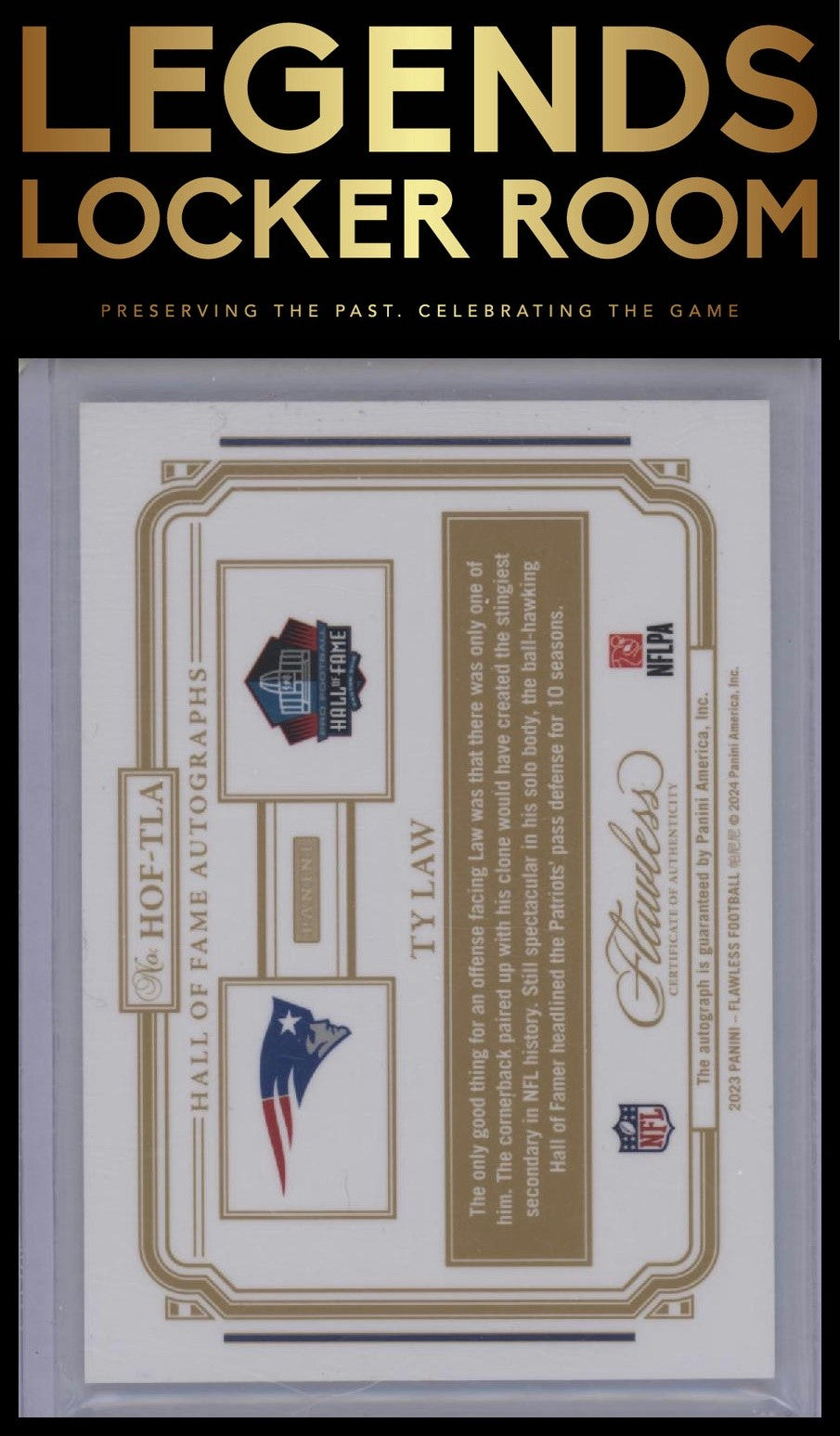 2023 Panini Flawless #HOF-TLA Ty Law Hall of Fame Autographs Sapphire #/10