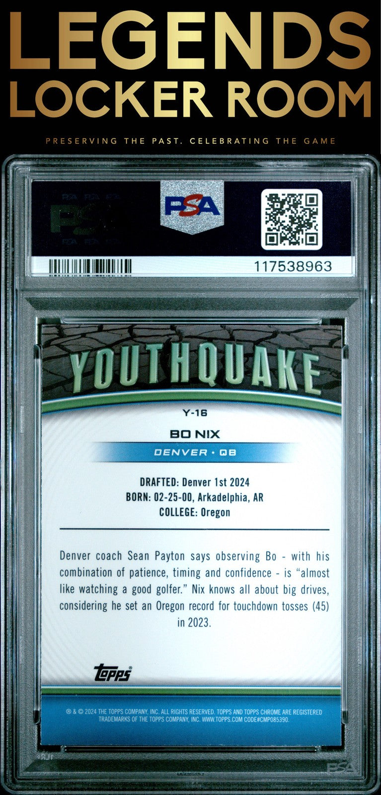 2024 Topps Chrome Youthquake Bo Nix Youthquake-Yellow Ref PSA 10