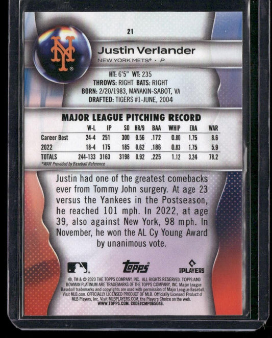 2023 Bowman Platinum #21 Justin Verlander