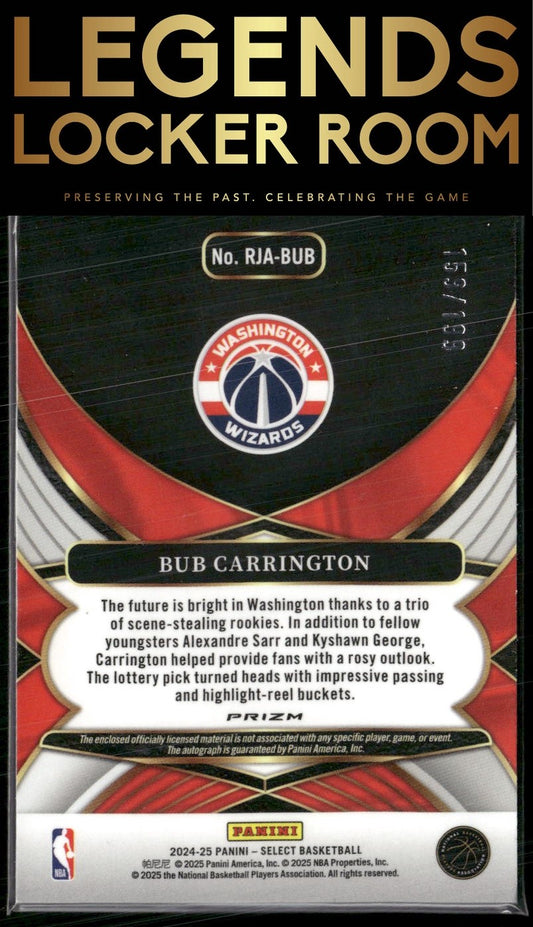 2024-25 Panini Select #RJA-BUB Bub Carrington Rookie Jersey Autograph /199
