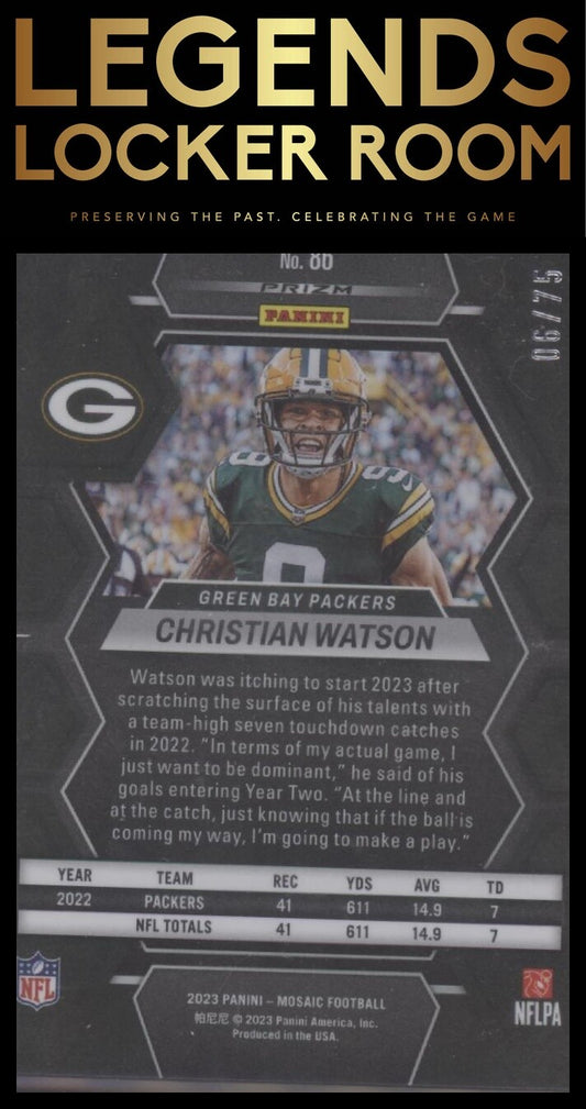 2023 Panini Mosaic #86 Christian Watson Blue No Huddle Mosaic #/75