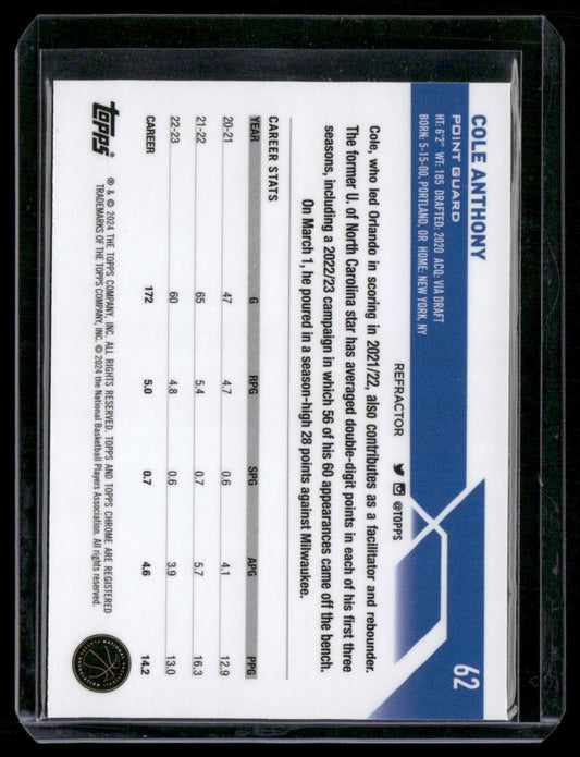 2023-24 Topps Chrome #62 Cole Anthony Refractors
