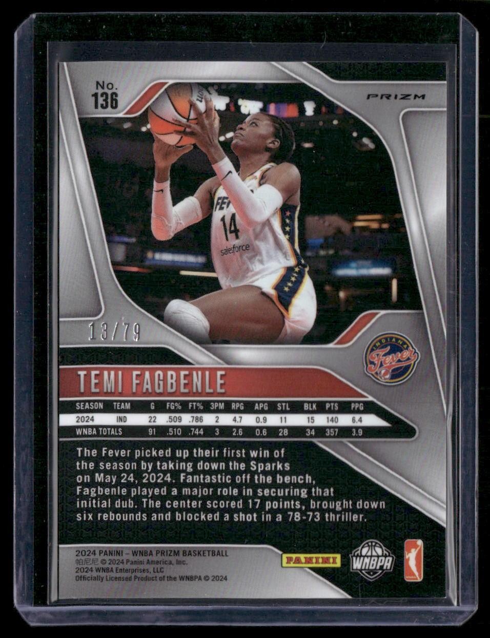 2024 Panini Prizm WNBA #136 Temi Fagbenle Pink Velocity Prizms #/79