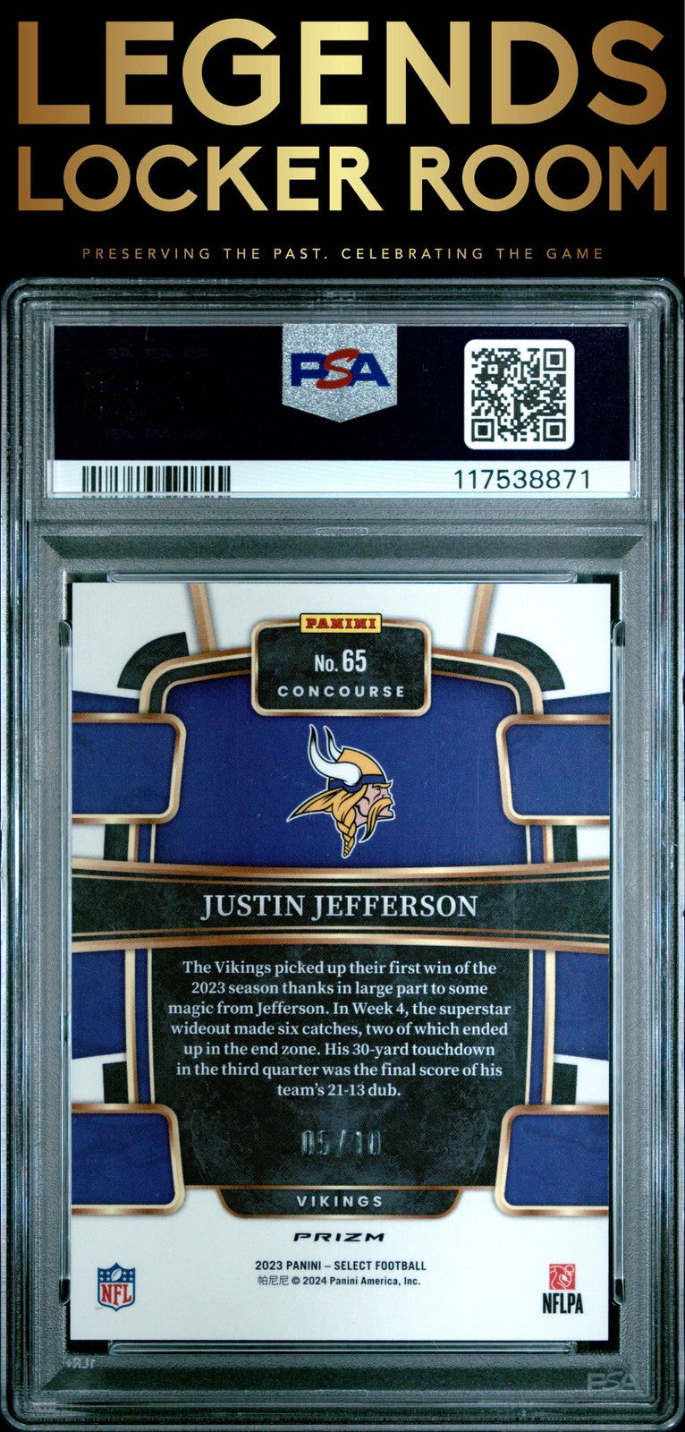 2023 Panini Select #65 Justin Jefferson Gold Disco /10 Prizm PSA 10