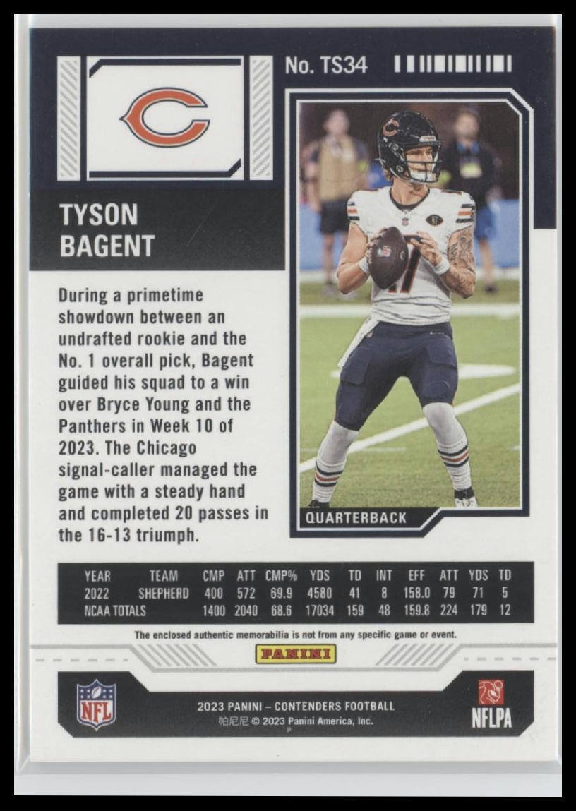 2023 Panini Contenders #TS34 Tyson Bagent Rookie Ticket Swatches