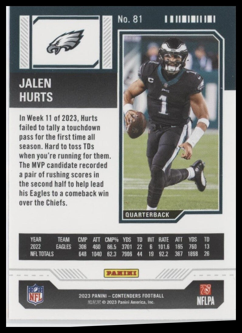 2023 Panini Contenders #81 Jalen Hurts Season Ticket Red