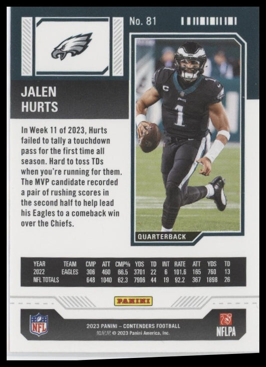 2023 Panini Contenders #81 Jalen Hurts Season Ticket Red