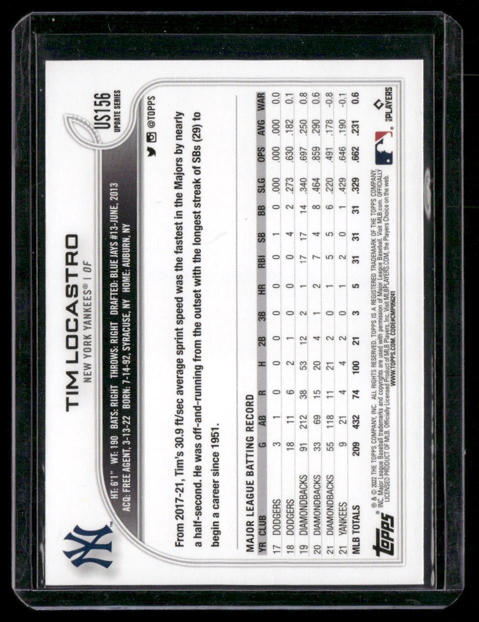 2022 Topps Update #US156 Tim Locastro