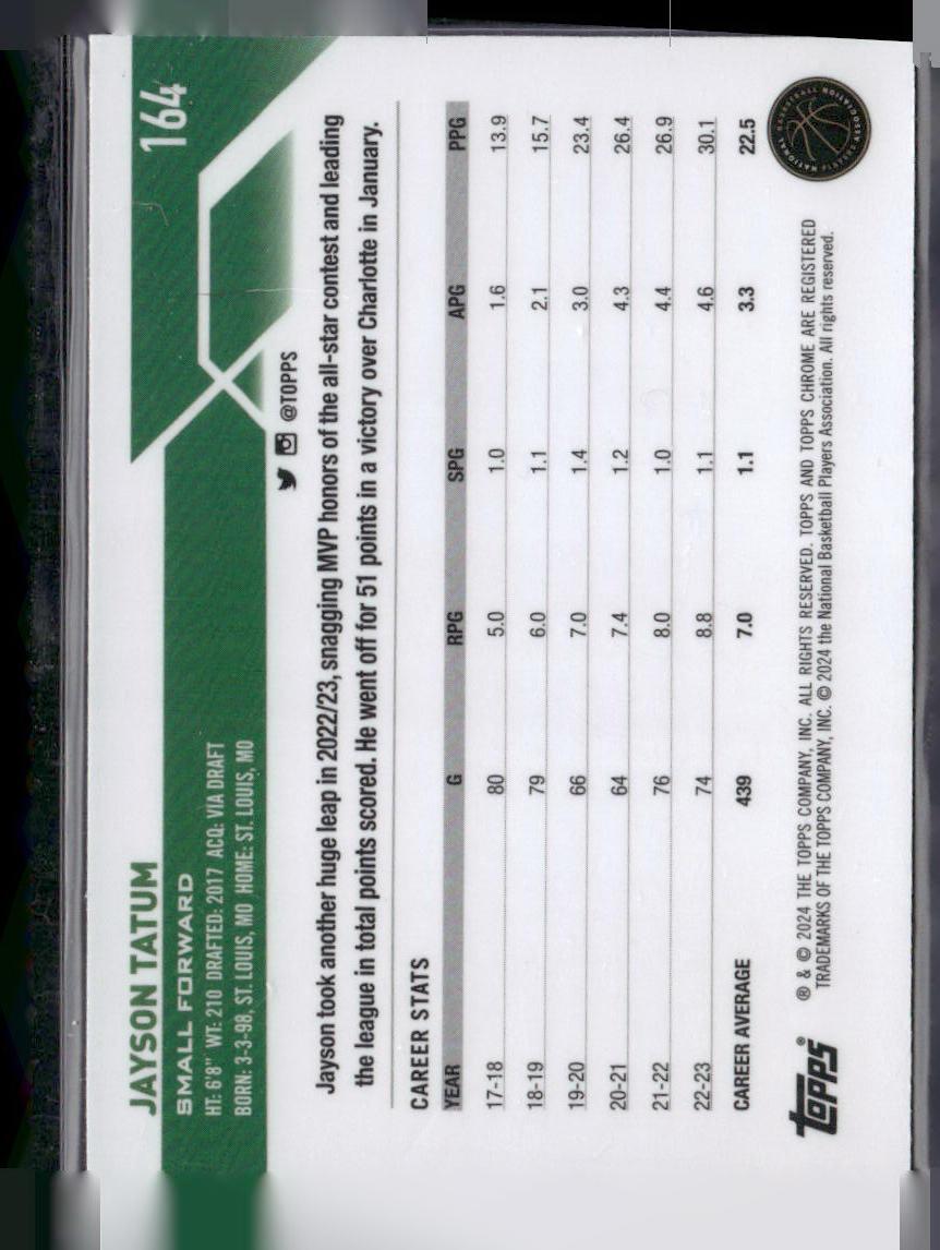 2023-24 Topps Chrome #164 Jayson Tatum