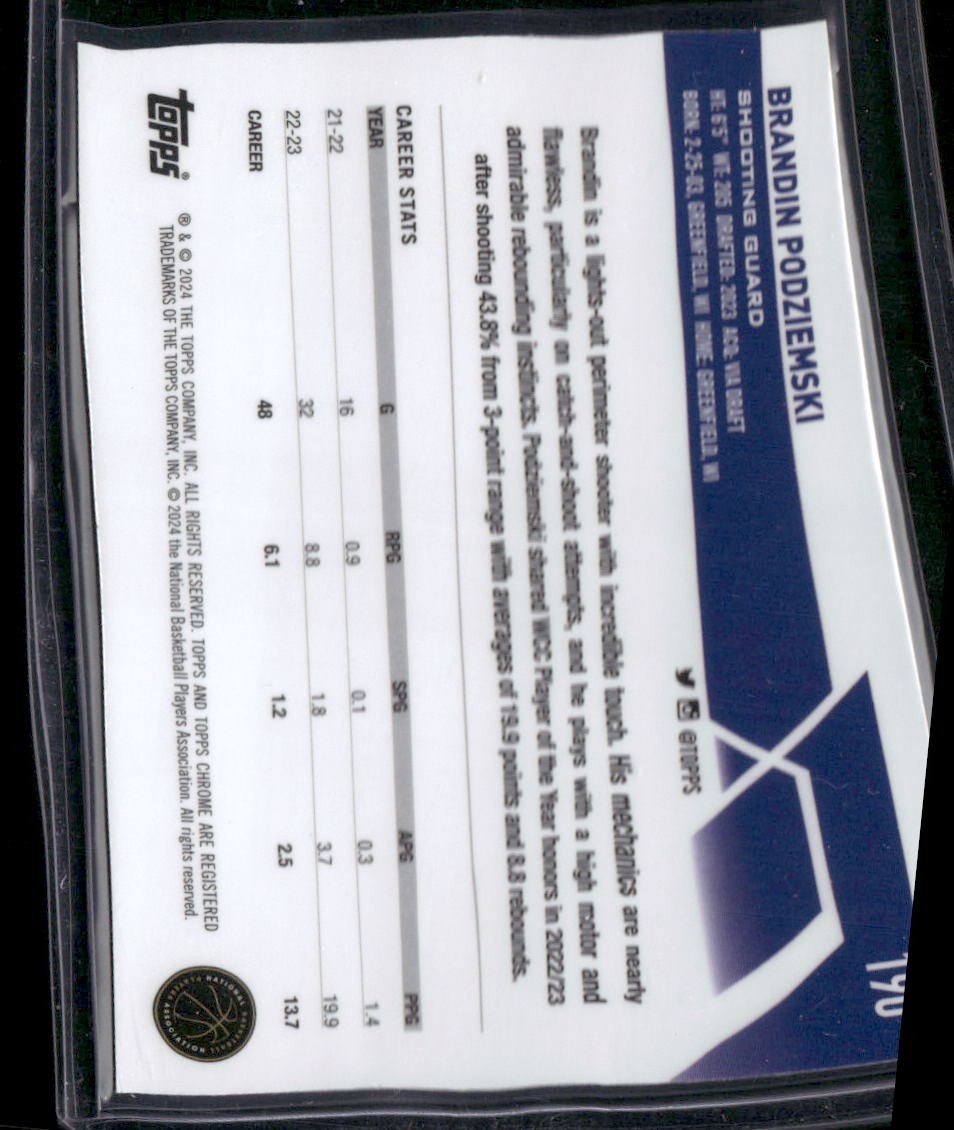 2023-24 Topps Chrome Sapphire #190 Brandin Podziemski