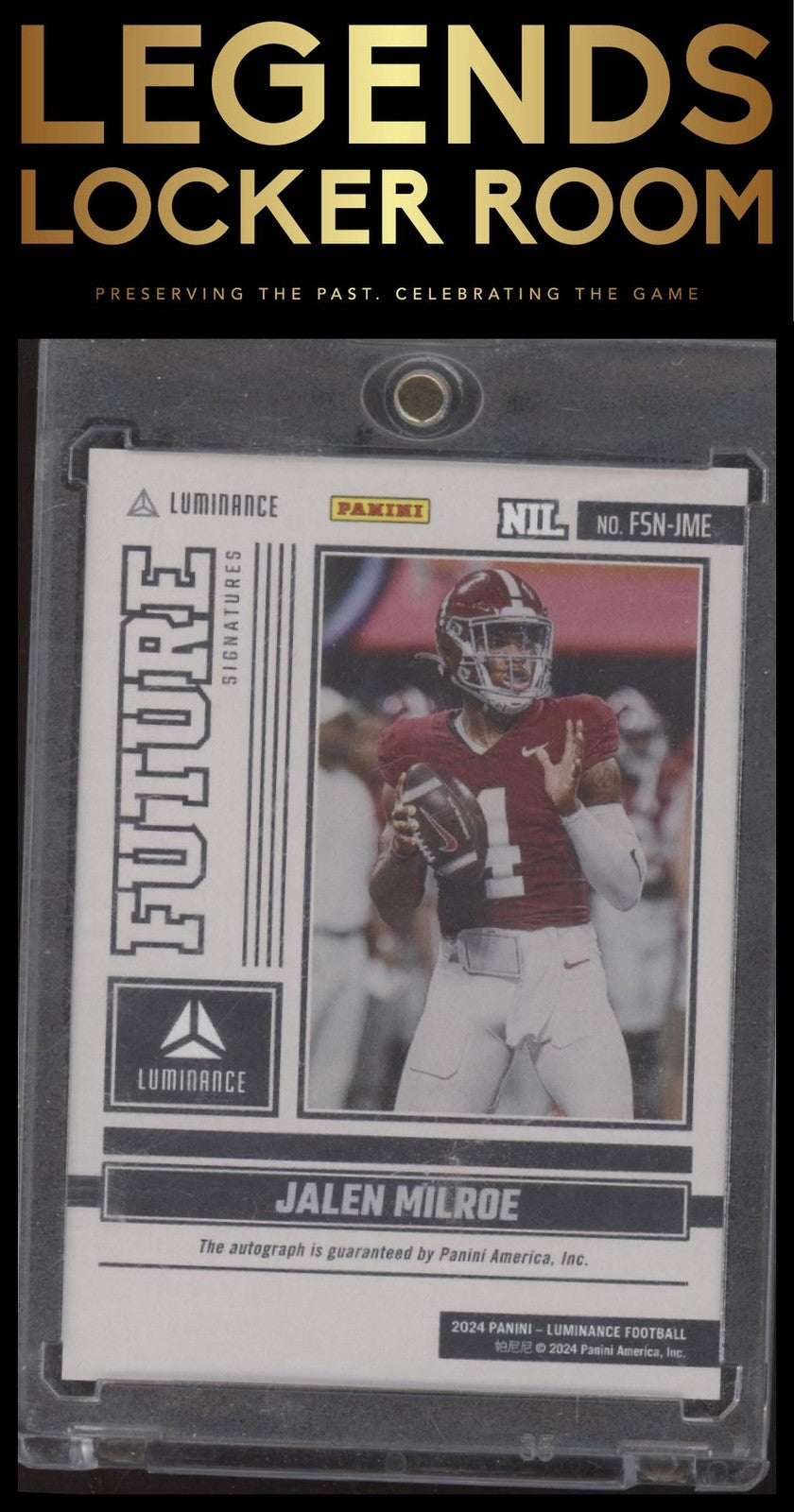 2024 Panini Luminance #FSN-JME Jalen Milroe Future Signatures NIL Green