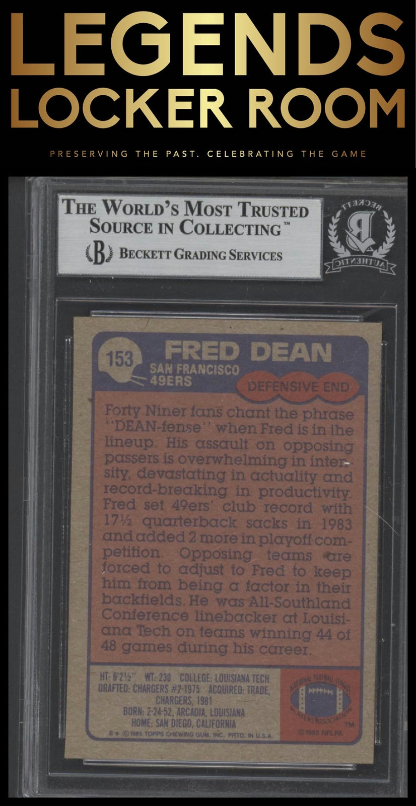 1985 Topps #153 Fred Dean On Card Auto HOF inscribed