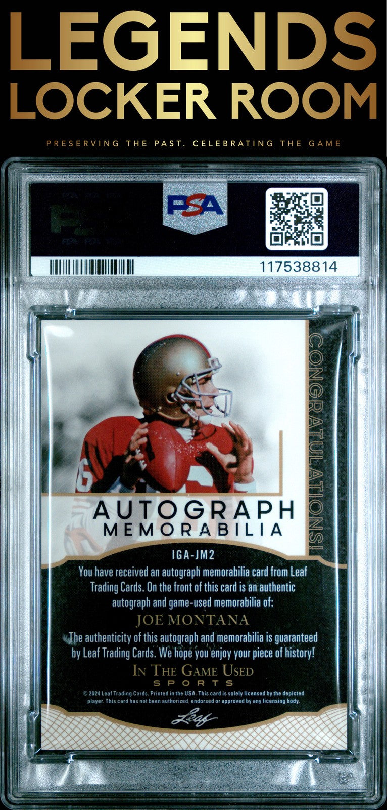 2024 Leaf In The Game Used Autograph Memorabilia Joe Montana 1/3 PSA 8