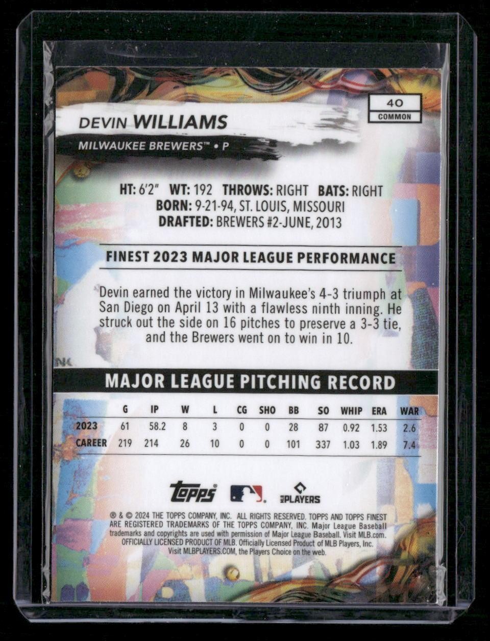 2024 Finest #40 Devin Williams Checkerboard Refractors