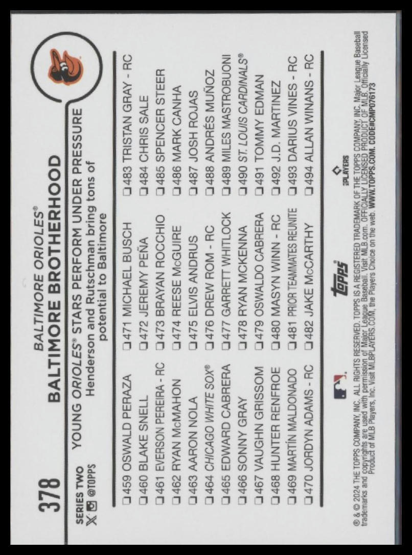 2024 Topps #378 Baltimore Brotherhood (Gunnar Henderson / Adley Rutschman)