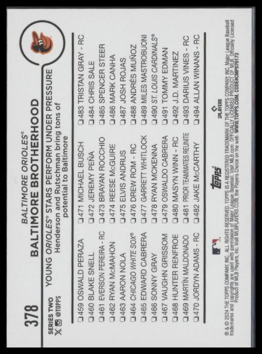 2024 Topps #378 Baltimore Brotherhood (Gunnar Henderson / Adley Rutschman)
