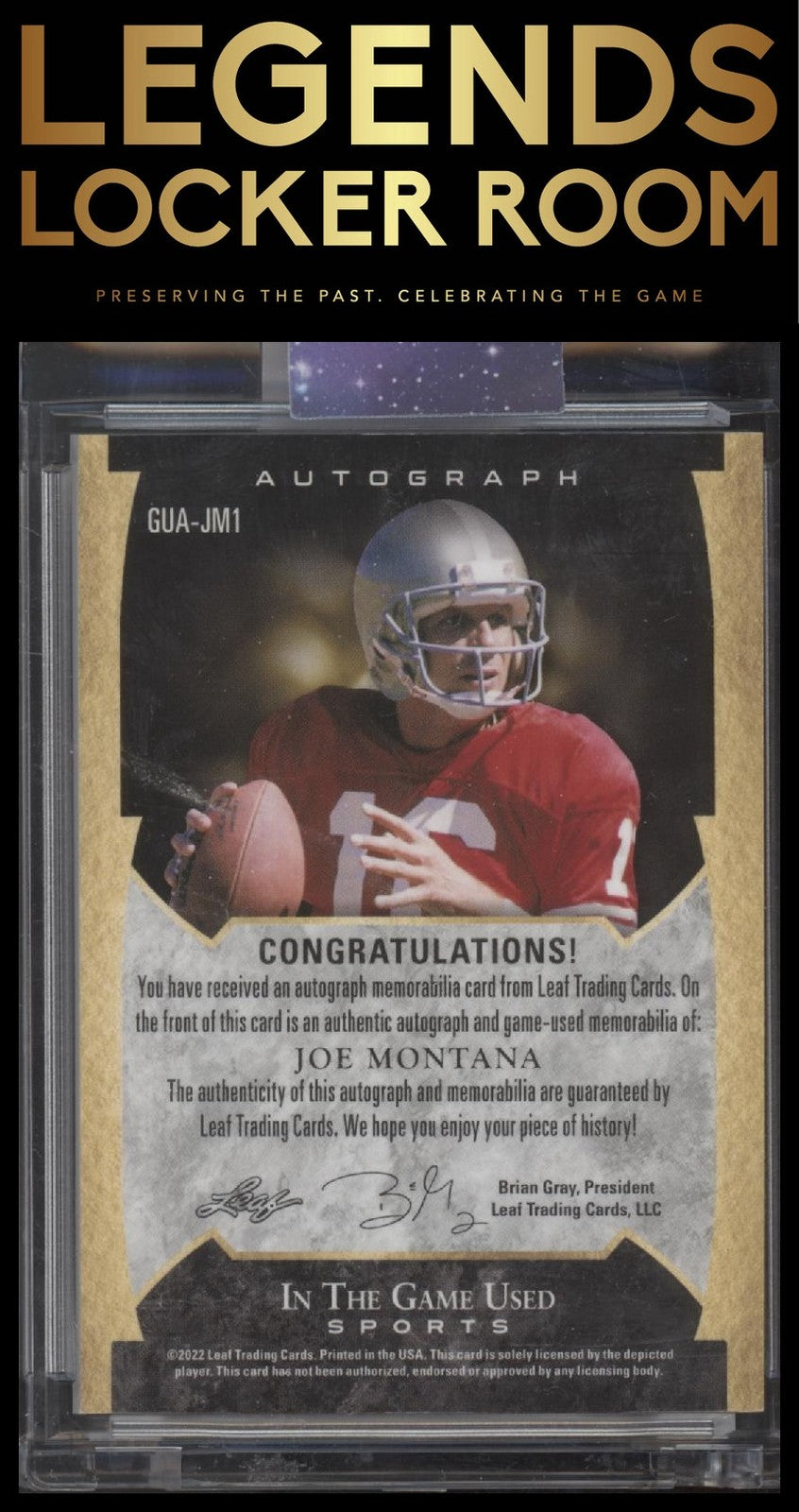 2022 Leaf In The Game Used Sports Auto Purple Joe Montana /16