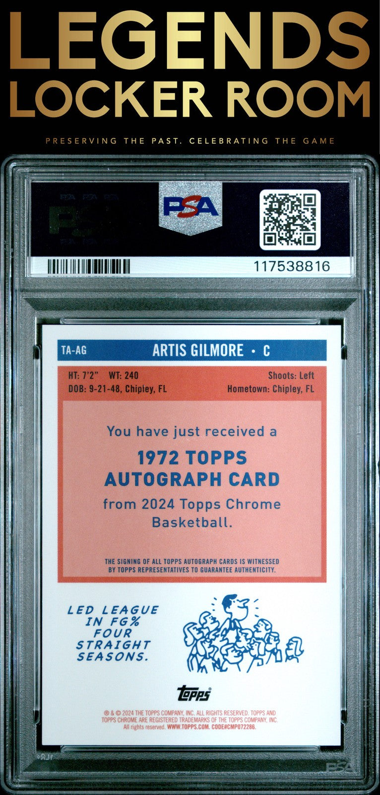 2023 Topps Chrome 1972 Topps Autographs Artis Gilmore Orange Geo /25 PSA 10