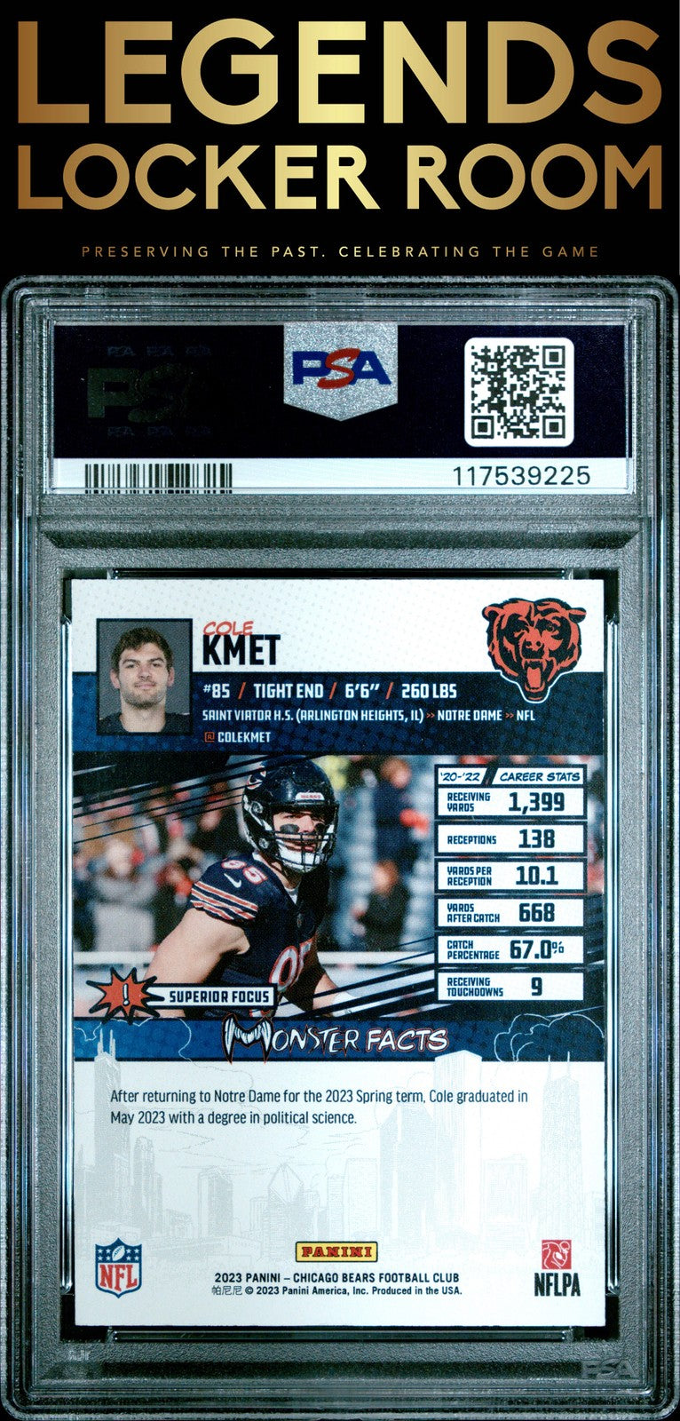 2023 Panini Chicago Bears Monsters Of The Midway Cole Kmet Foil PSA 9