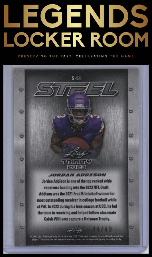 2023 Leaf Trinity (Mega Box) #S-51 Jordan Addison Steel Lazer Purple #/49