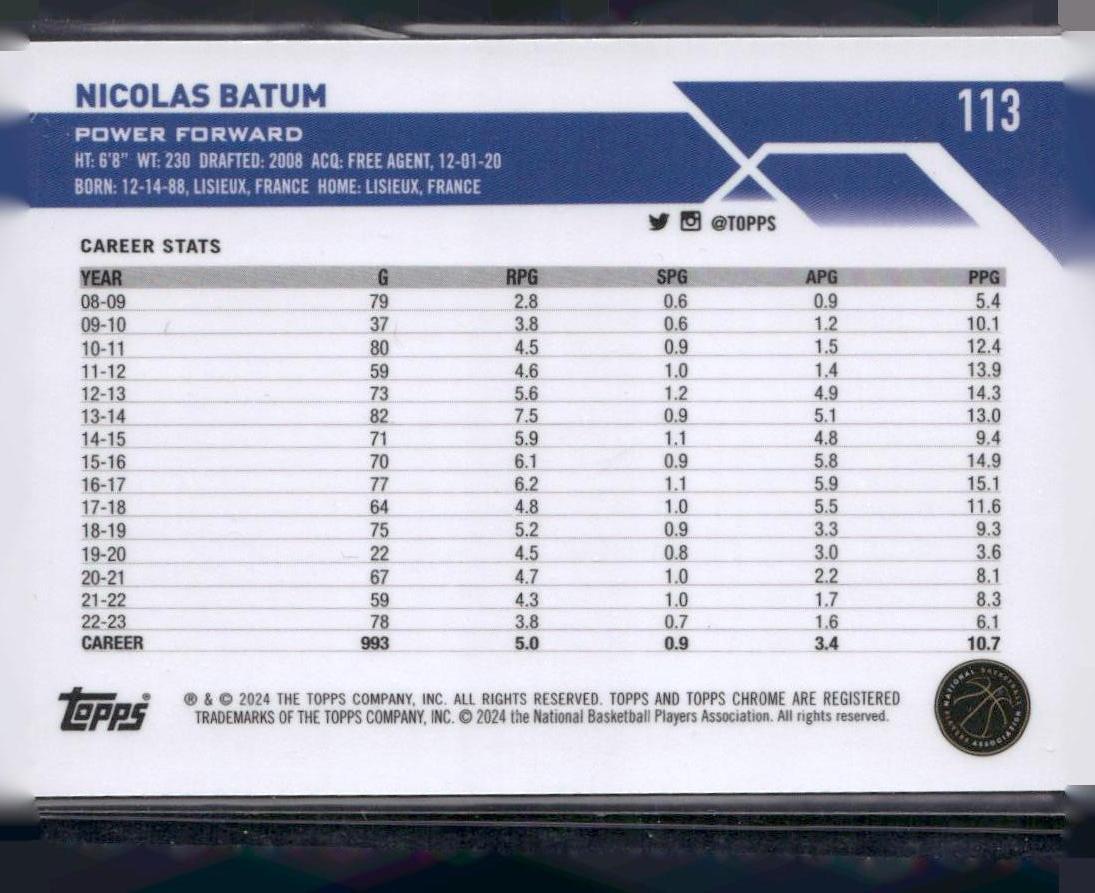 2023-24 Topps Chrome #113 Nicolas Batum