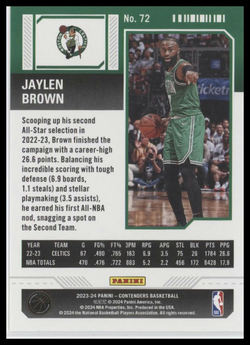 2023-24 Panini Contenders #72 Jaylen Brown Season Ticket Premium Edition