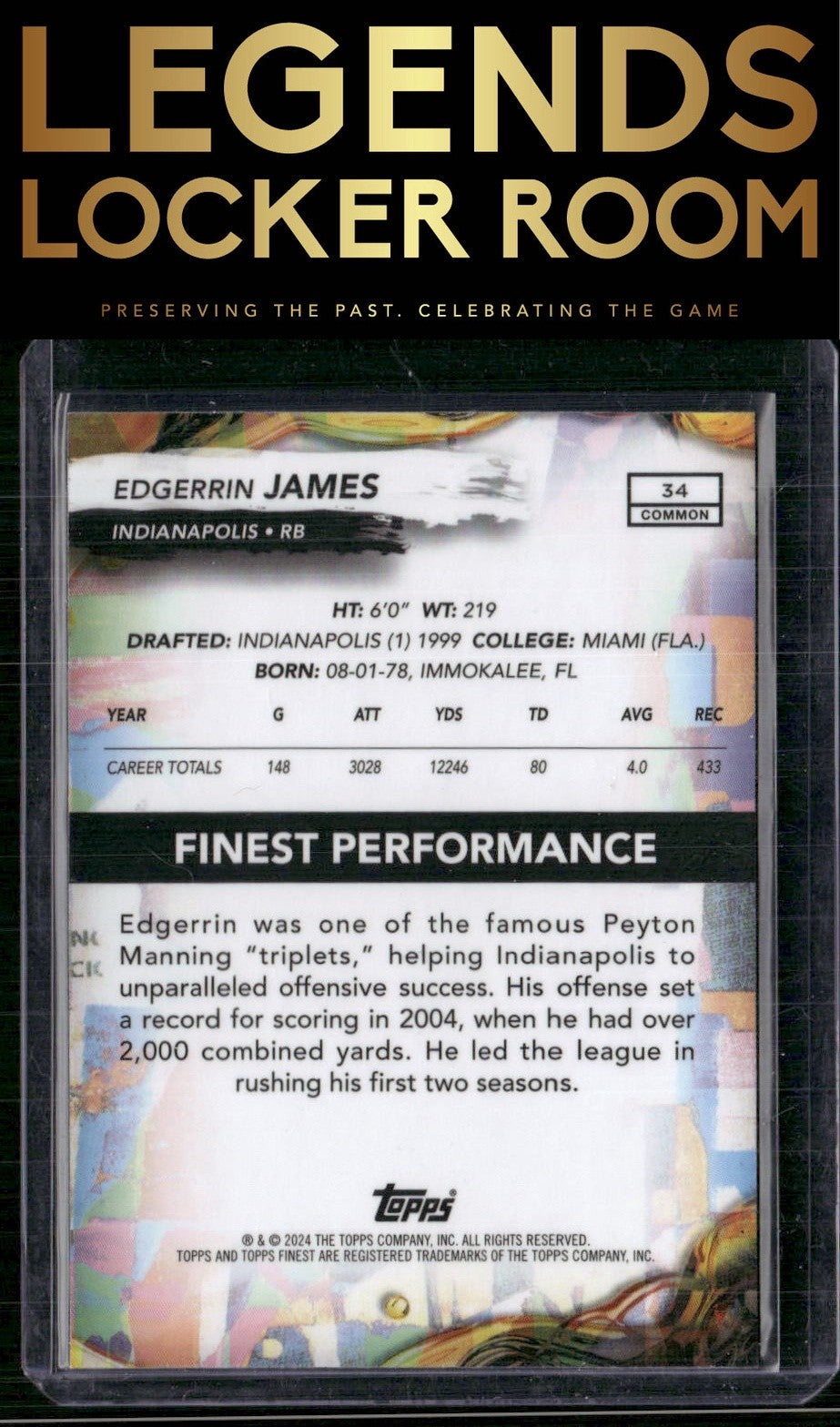 2024 Finest #34 Edgerrin James Blue Refractor /99