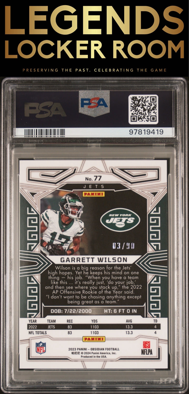 2023 Panini Obsidian #77 Garrett Wilson Electric Etch Asia Red Flood PSA 8