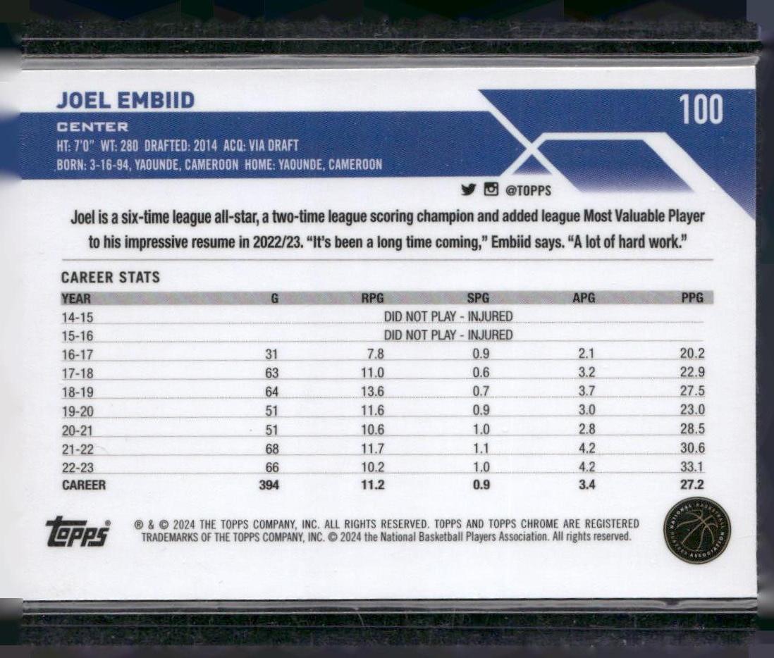 2023-24 Topps Chrome #100 Joel Embiid Refractors
