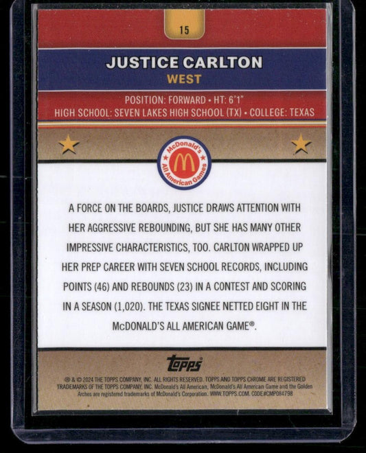 2024 Topps Chrome McDonald's All-American #15 Justice Carlton