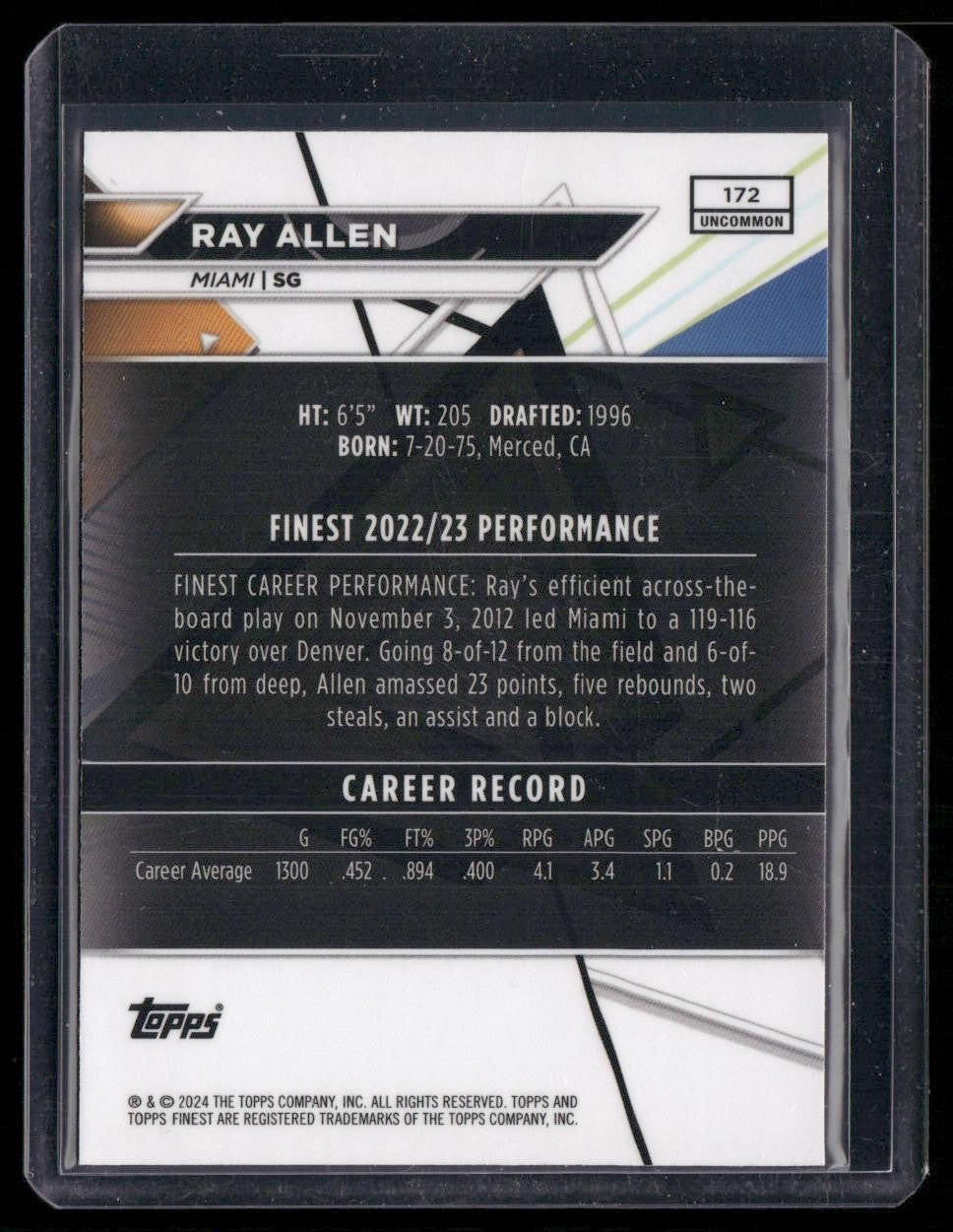 2023-24 Finest #172 Ray Allen Purple Checkerboard Refractors #/99