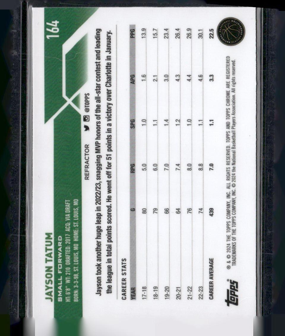 2023-24 Topps Chrome #164 Jayson Tatum Refractors