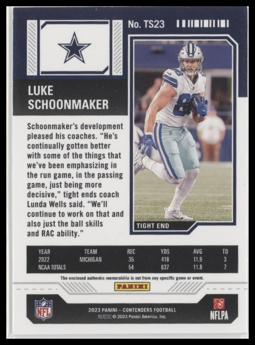 2023 Panini Contenders #TS23 Luke Schoonmaker Rookie Ticket Swatches