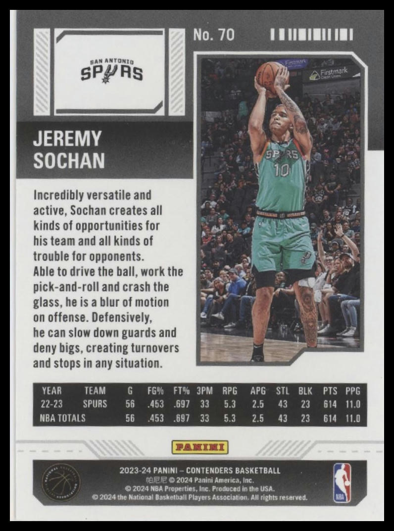 2023-24 Panini Contenders #70 Jeremy Sochan Season Ticket Premium Edition